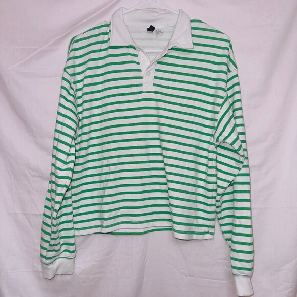 H&M Divided Green White Striped Long Sleeve Collared Top women's size XS - Picture 1 of 7